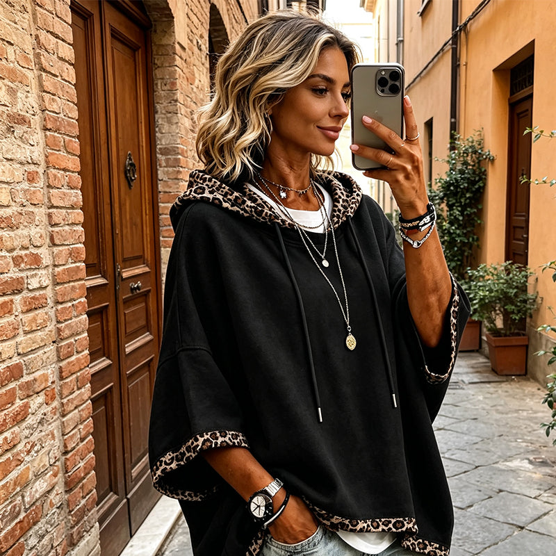 💕 Women's Leopard Trim Oversized Hooded Tunic – Soft Knit Comfort, Relaxed Batwing Sleeves, Adjustable Drawstring Hood & Chic Contrast Details for Effortlessly Stylish Everyday Outfits! ✨