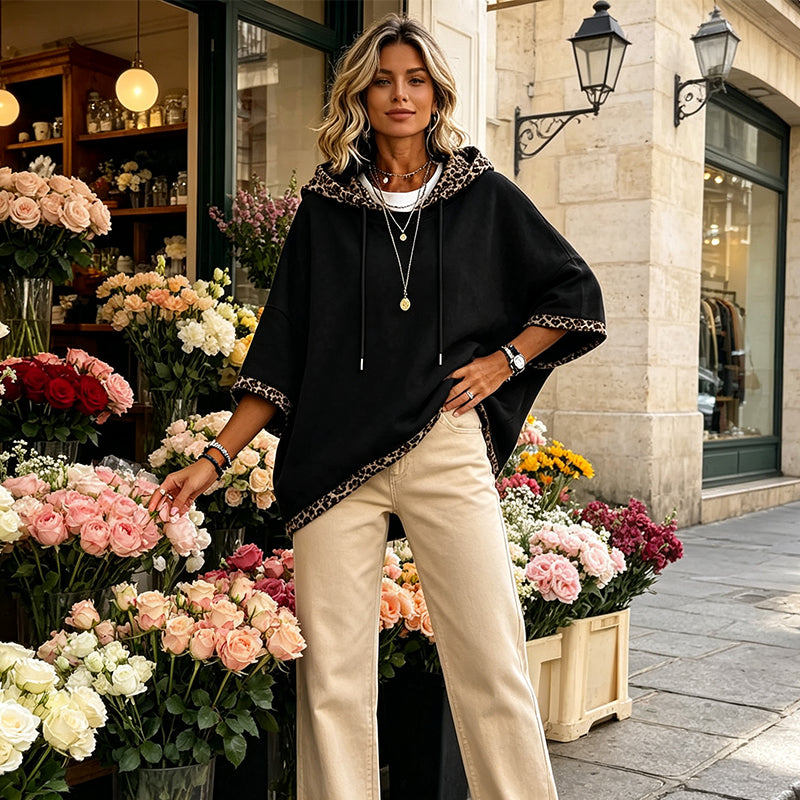 💕 Women's Leopard Trim Oversized Hooded Tunic – Soft Knit Comfort, Relaxed Batwing Sleeves, Adjustable Drawstring Hood & Chic Contrast Details for Effortlessly Stylish Everyday Outfits! ✨