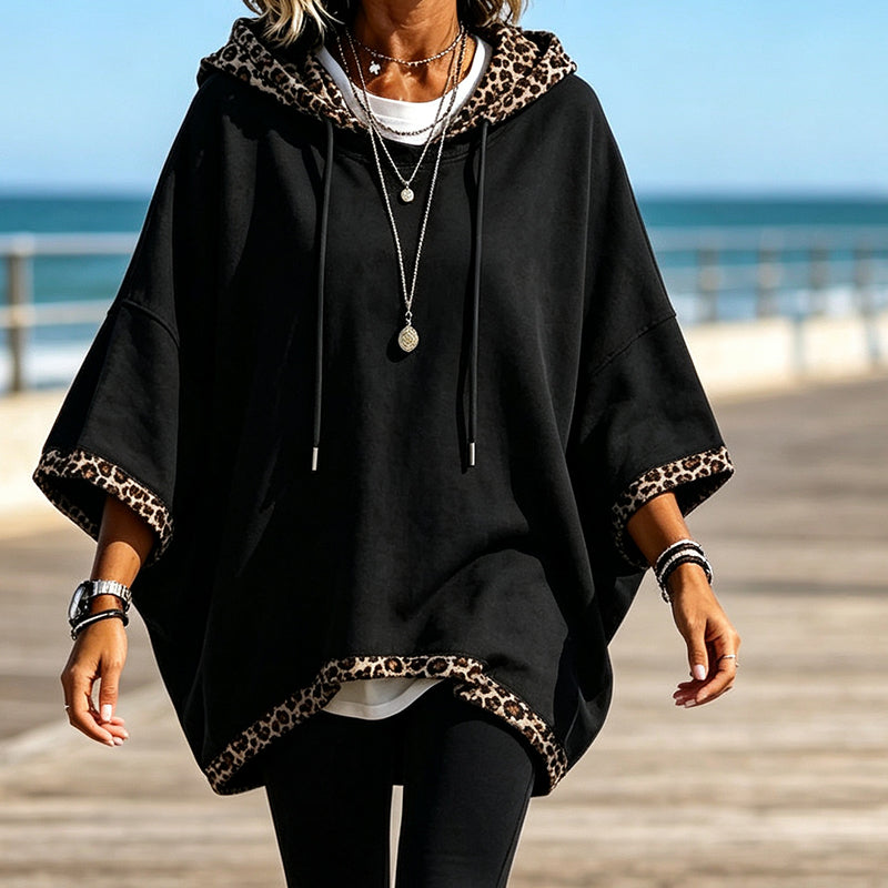 💕 Women's Leopard Trim Oversized Hooded Tunic – Soft Knit Comfort, Relaxed Batwing Sleeves, Adjustable Drawstring Hood & Chic Contrast Details for Effortlessly Stylish Everyday Outfits! ✨