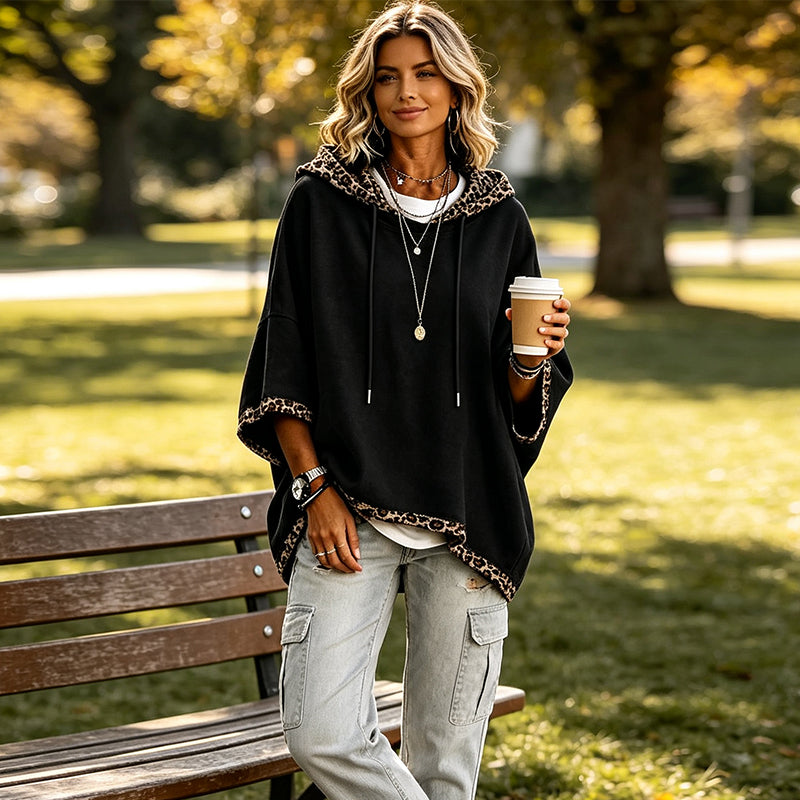 💕 Women's Leopard Trim Oversized Hooded Tunic – Soft Knit Comfort, Relaxed Batwing Sleeves, Adjustable Drawstring Hood & Chic Contrast Details for Effortlessly Stylish Everyday Outfits! ✨