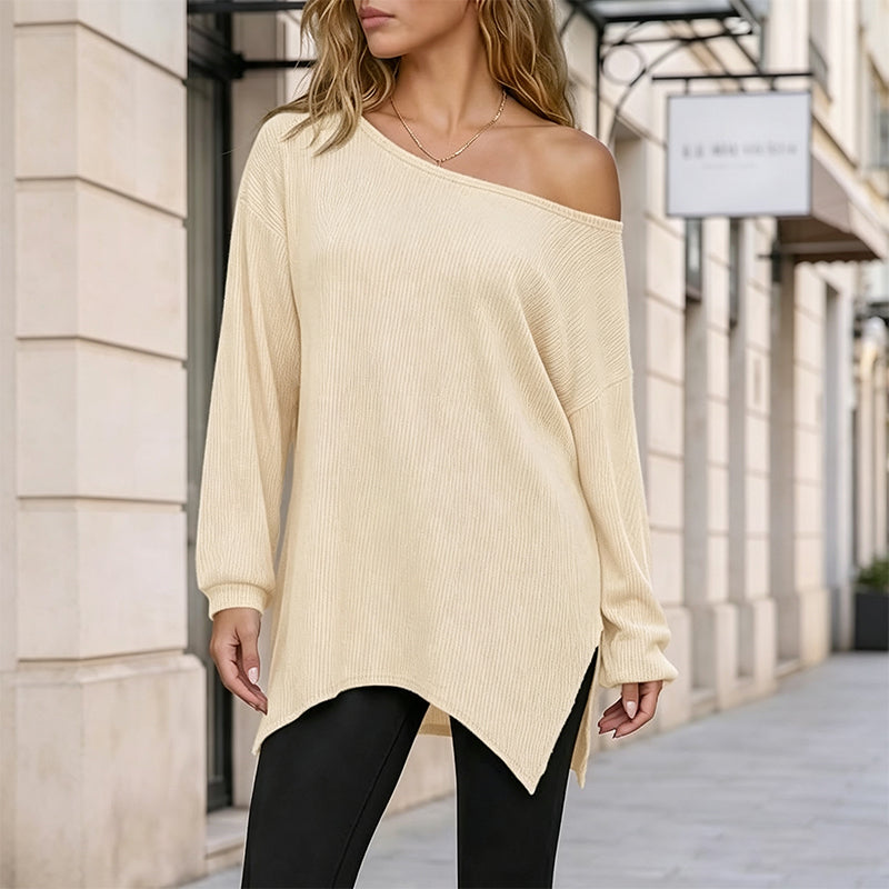 ✨ Off-Shoulder Detail, Flattering Split Hem | Women's Relaxed Long-Sleeve Top