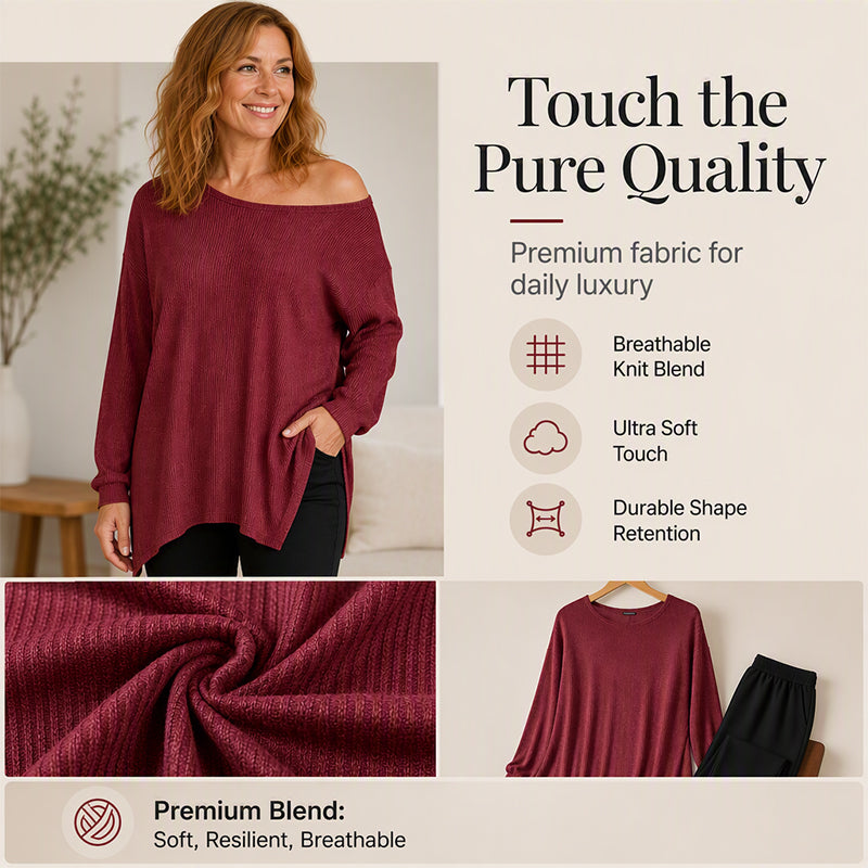 ✨ Off-Shoulder Detail, Flattering Split Hem | Women's Relaxed Long-Sleeve Top