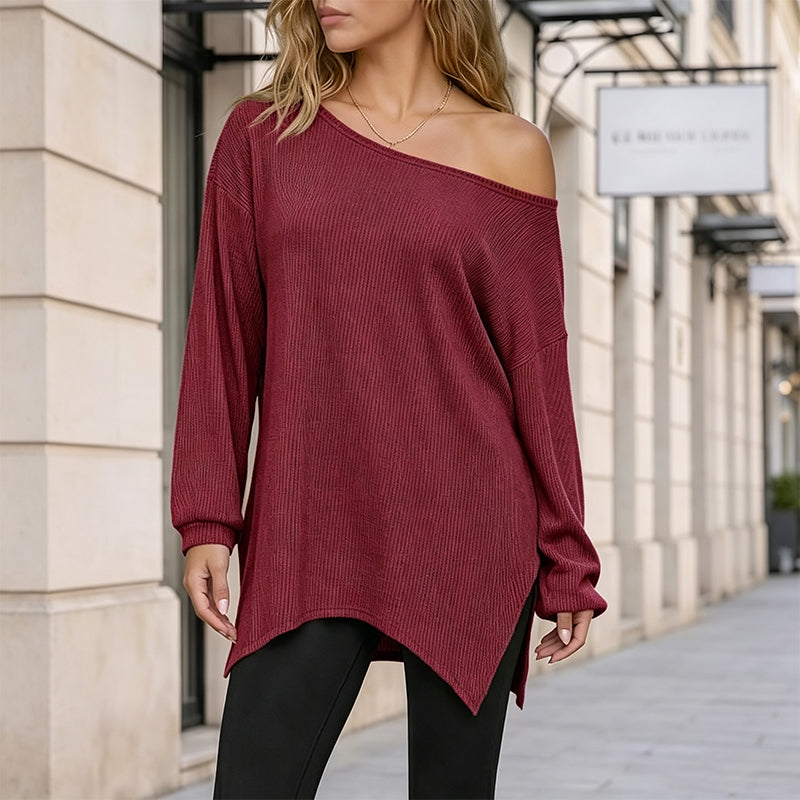 ✨ Off-Shoulder Detail, Flattering Split Hem | Women's Relaxed Long-Sleeve Top