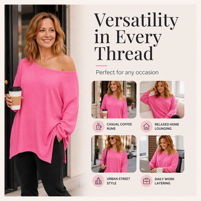 ✨ Off-Shoulder Detail, Flattering Split Hem | Women's Relaxed Long-Sleeve Top