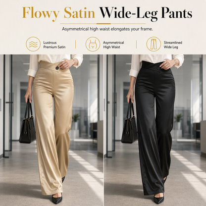Elevate Your Style with Every Step — Women's Elegant Satin High-Waisted Wide-Leg Pants with a Chic Asymmetrical Waist, Beautiful Draped Silhouette & Sophisticated Everyday-to-Evening Appea