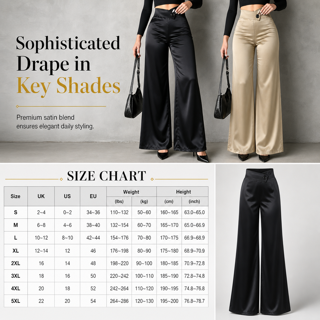 Elevate Your Style with Every Step — Women's Elegant Satin High-Waisted Wide-Leg Pants with a Chic Asymmetrical Waist, Beautiful Draped Silhouette & Sophisticated Everyday-to-Evening Appea