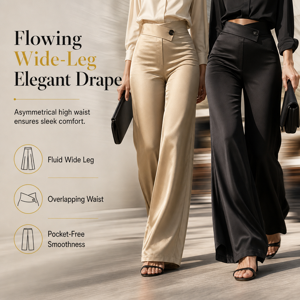 Elevate Your Style with Every Step — Women's Elegant Satin High-Waisted Wide-Leg Pants with a Chic Asymmetrical Waist, Beautiful Draped Silhouette & Sophisticated Everyday-to-Evening Appea