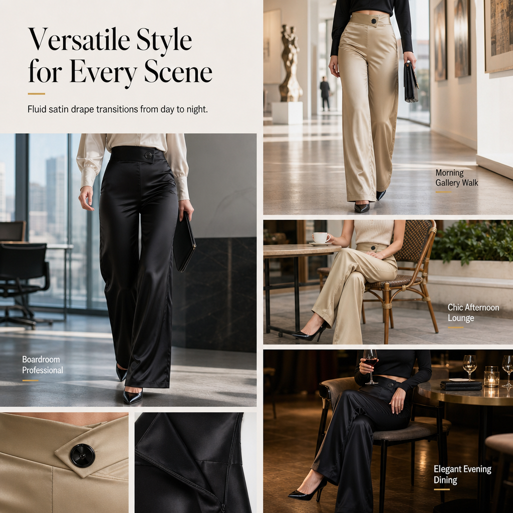 Elevate Your Style with Every Step — Women's Elegant Satin High-Waisted Wide-Leg Pants with a Chic Asymmetrical Waist, Beautiful Draped Silhouette & Sophisticated Everyday-to-Evening Appea