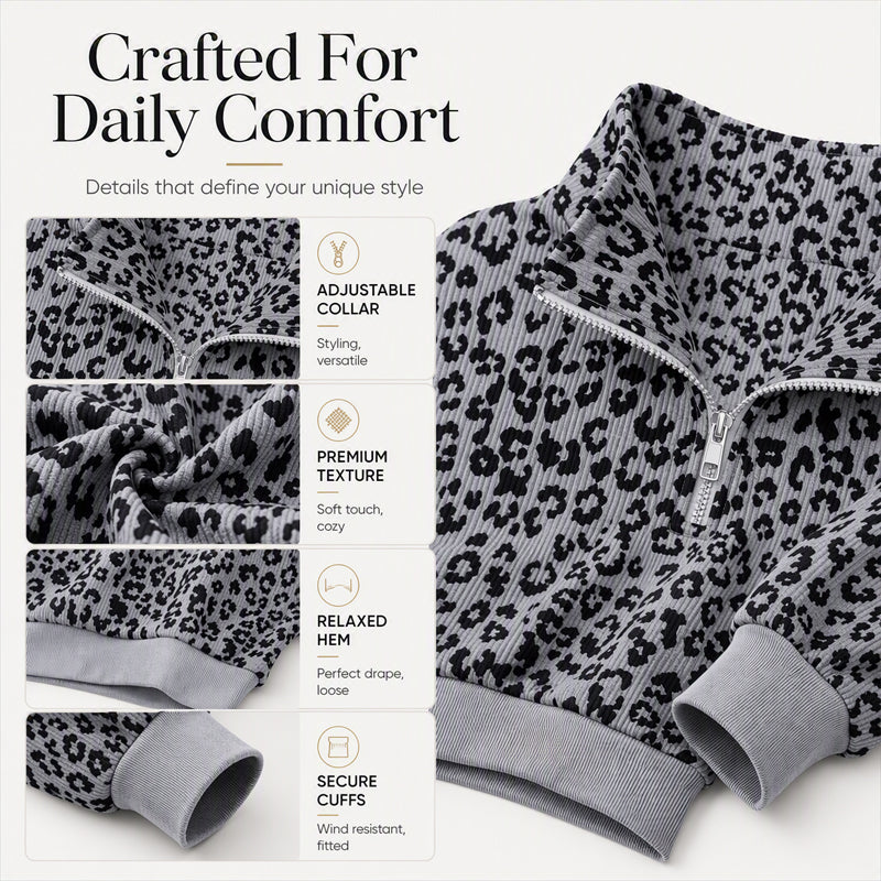 Bored of Plain Sweatshirts? Add a Bold Touch to Your Everyday Style! Women's Leopard Print Half-Zip Pullover – Soft Textured Feel, Relaxed Fit & Chic Collar Design for Comfortable, Eye-Catching Fall Outfits!