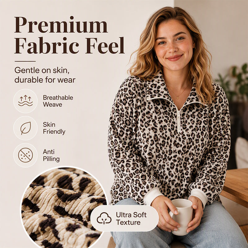 Bored of Plain Sweatshirts? Add a Bold Touch to Your Everyday Style! Women's Leopard Print Half-Zip Pullover – Soft Textured Feel, Relaxed Fit & Chic Collar Design for Comfortable, Eye-Catching Fall Outfits!
