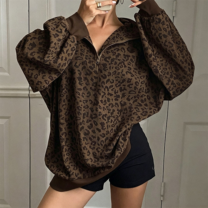 Bored of Plain Sweatshirts? Add a Bold Touch to Your Everyday Style! Women's Leopard Print Half-Zip Pullover – Soft Textured Feel, Relaxed Fit & Chic Collar Design for Comfortable, Eye-Catching Fall Outfits!
