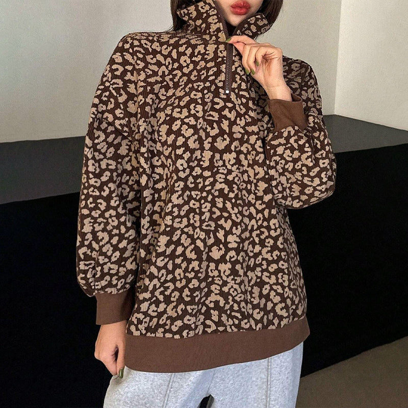 Bored of Plain Sweatshirts? Add a Bold Touch to Your Everyday Style! Women's Leopard Print Half-Zip Pullover – Soft Textured Feel, Relaxed Fit & Chic Collar Design for Comfortable, Eye-Catching Fall Outfits!