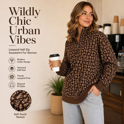 Bored of Plain Sweatshirts? Add a Bold Touch to Your Everyday Style! Women's Leopard Print Half-Zip Pullover – Soft Textured Feel, Relaxed Fit & Chic Collar Design for Comfortable, Eye-Catching Fall Outfits!