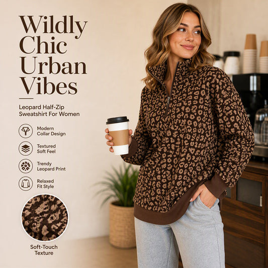 Bored of Plain Sweatshirts? Add a Bold Touch to Your Everyday Style! Women's Leopard Print Half-Zip Pullover – Soft Textured Feel, Relaxed Fit & Chic Collar Design for Comfortable, Eye-Catching Fall Outfits!