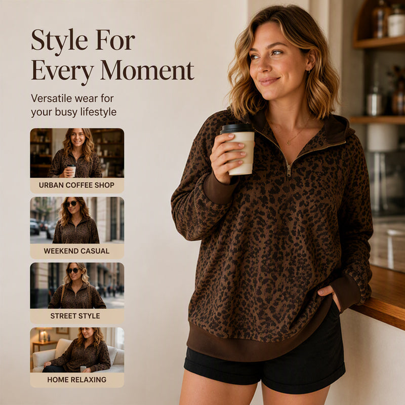 Bored of Plain Sweatshirts? Add a Bold Touch to Your Everyday Style! Women's Leopard Print Half-Zip Pullover – Soft Textured Feel, Relaxed Fit & Chic Collar Design for Comfortable, Eye-Catching Fall Outfits!