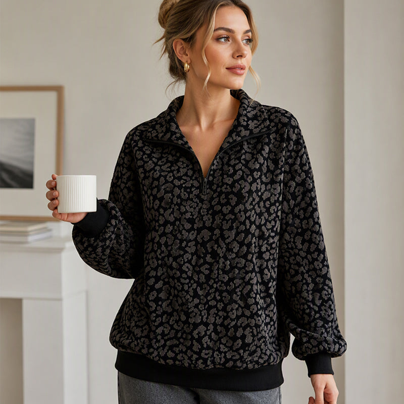 Bored of Plain Sweatshirts? Add a Bold Touch to Your Everyday Style! Women's Leopard Print Half-Zip Pullover – Soft Textured Feel, Relaxed Fit & Chic Collar Design for Comfortable, Eye-Catching Fall Outfits!