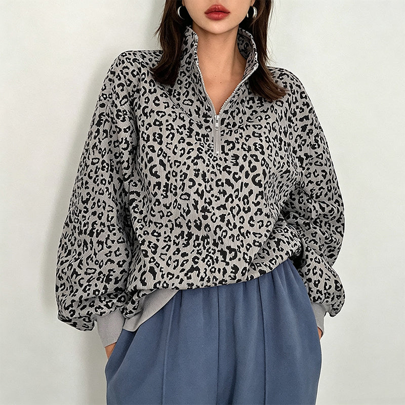 Bored of Plain Sweatshirts? Add a Bold Touch to Your Everyday Style! Women's Leopard Print Half-Zip Pullover – Soft Textured Feel, Relaxed Fit & Chic Collar Design for Comfortable, Eye-Catching Fall Outfits!