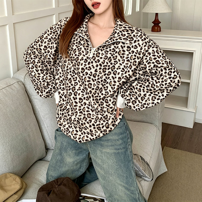 Bored of Plain Sweatshirts? Add a Bold Touch to Your Everyday Style! Women's Leopard Print Half-Zip Pullover – Soft Textured Feel, Relaxed Fit & Chic Collar Design for Comfortable, Eye-Catching Fall Outfits!