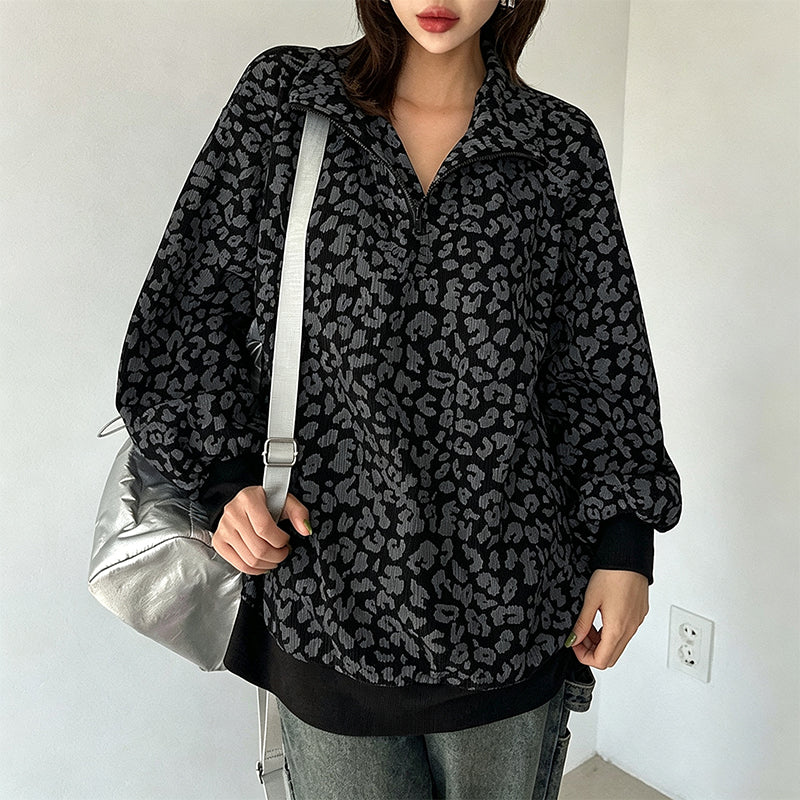 Bored of Plain Sweatshirts? Add a Bold Touch to Your Everyday Style! Women's Leopard Print Half-Zip Pullover – Soft Textured Feel, Relaxed Fit & Chic Collar Design for Comfortable, Eye-Catching Fall Outfits!