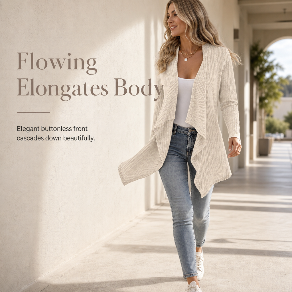 Women’s Cascading Open Front Ribbed Knit Cardigan – Your Go-To Lightweight Layer For All Occasions