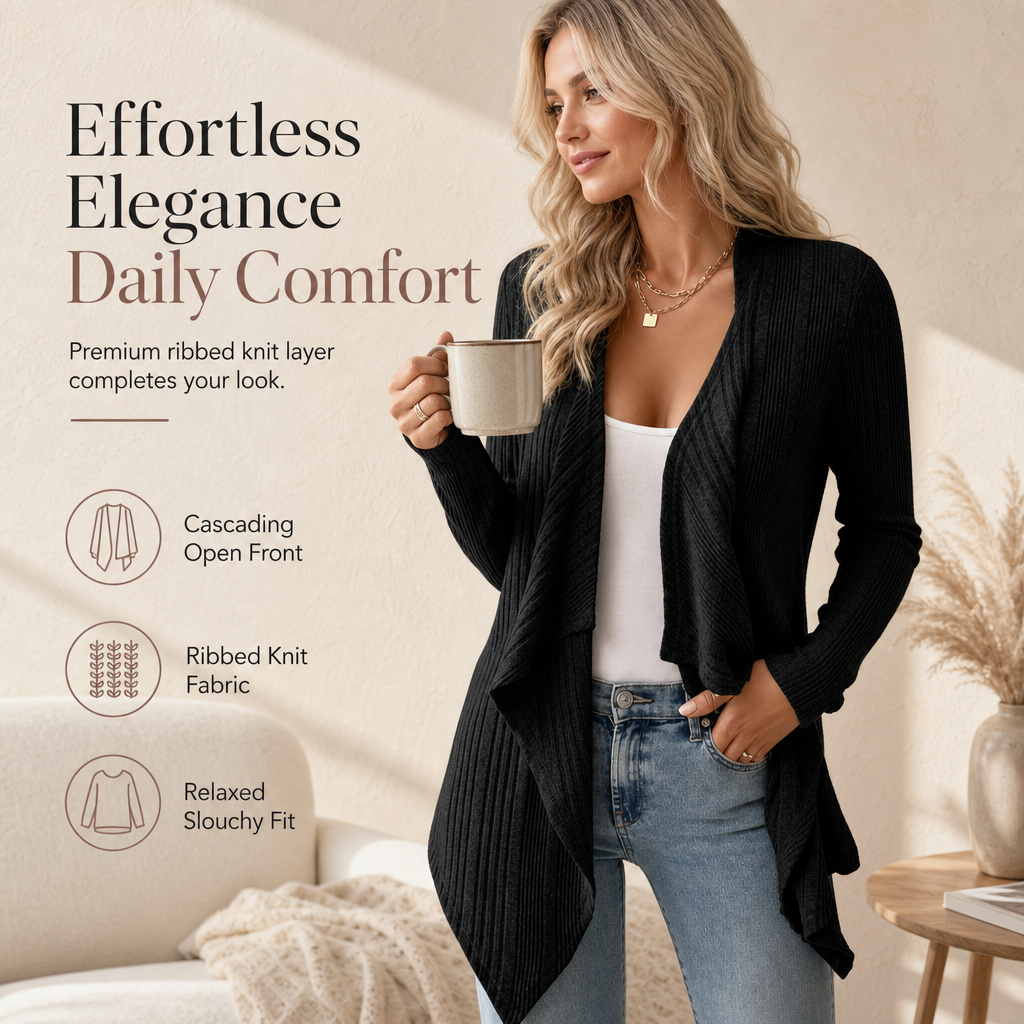 Women’s Cascading Open Front Ribbed Knit Cardigan – Your Go-To Lightweight Layer For All Occasions