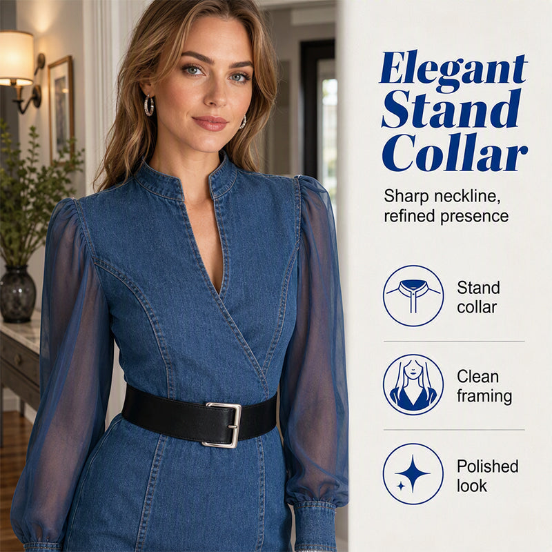 Denim Has Never Looked So Elegant — Women's Waist-Defining Denim Midi Dress with Graceful Sheer Sleeves, a Flattering V-Neckline, and Beautifully Tailored Feminine Style