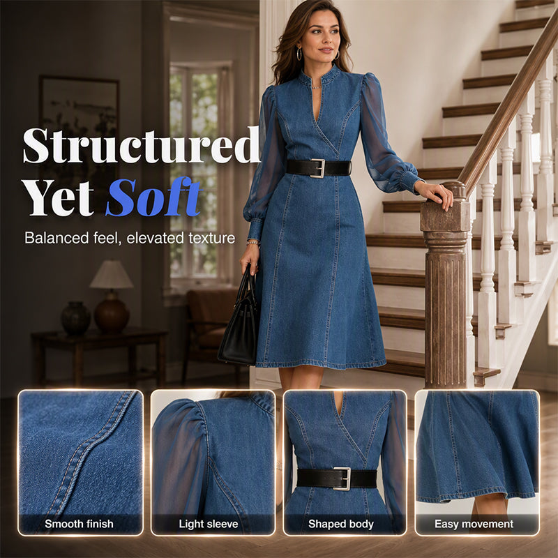 Denim Has Never Looked So Elegant — Women's Waist-Defining Denim Midi Dress with Graceful Sheer Sleeves, a Flattering V-Neckline, and Beautifully Tailored Feminine Style