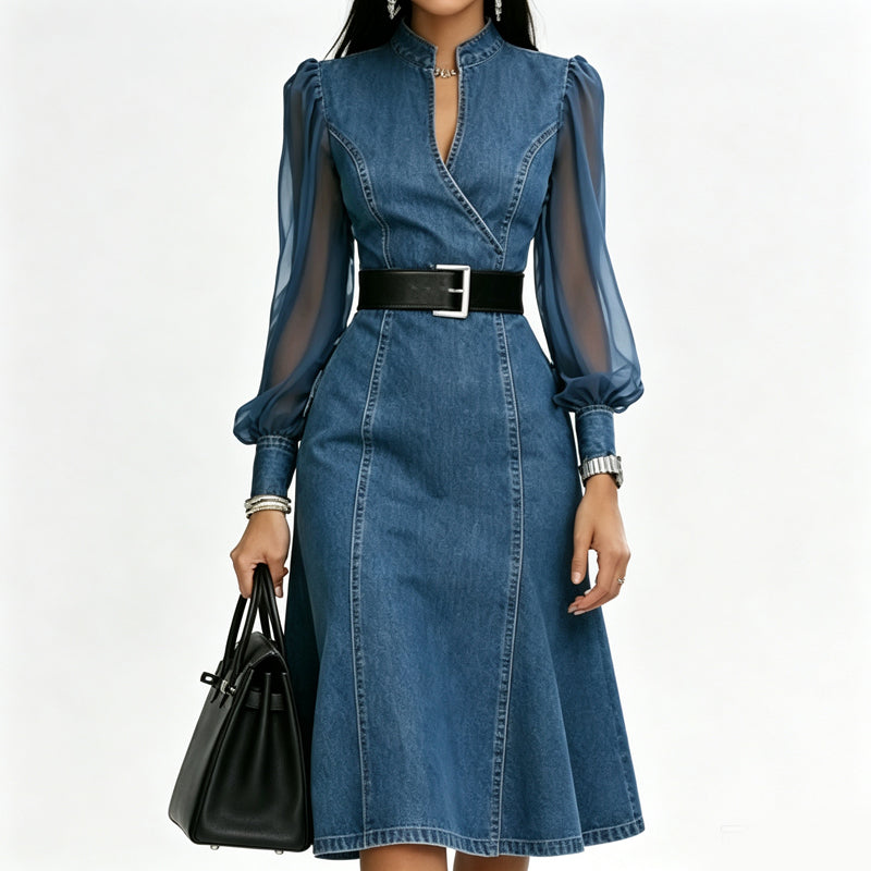 Denim Has Never Looked So Elegant — Women's Waist-Defining Denim Midi Dress with Graceful Sheer Sleeves, a Flattering V-Neckline, and Beautifully Tailored Feminine Style