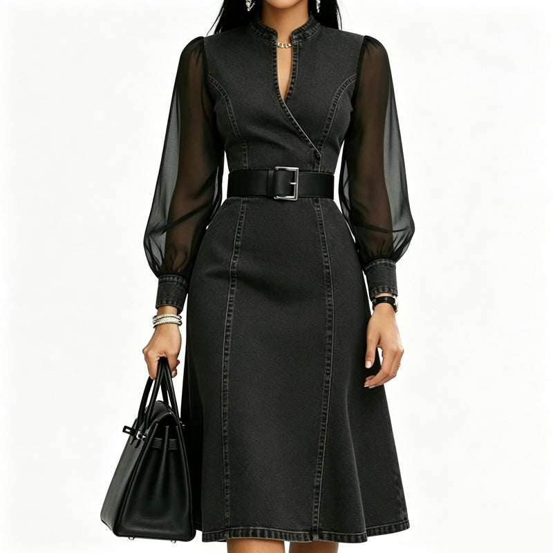 Denim Has Never Looked So Elegant — Women's Waist-Defining Denim Midi Dress with Graceful Sheer Sleeves, a Flattering V-Neckline, and Beautifully Tailored Feminine Style