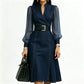 Denim Has Never Looked So Elegant — Women's Waist-Defining Denim Midi Dress with Graceful Sheer Sleeves, a Flattering V-Neckline, and Beautifully Tailored Feminine Style