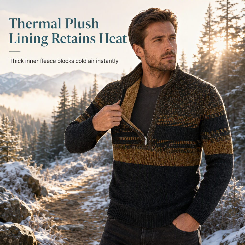 Why Wear a Thin Sweater When Winter Calls for Something Warmer? Men's Fleece-Lined Striped Quarter-Zip Knit Pullover with a Classic Stand Collar, Soft Plush Interior & Refined Everyday Style — Stay Warm, Look Sharp & Dress Comfortably All Season Long! ❄️