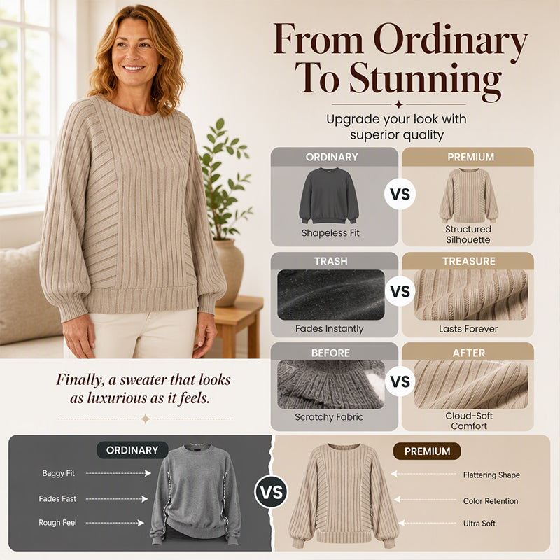 Women's Casual Lantern Sleeve Ribbed Knit Pullover
