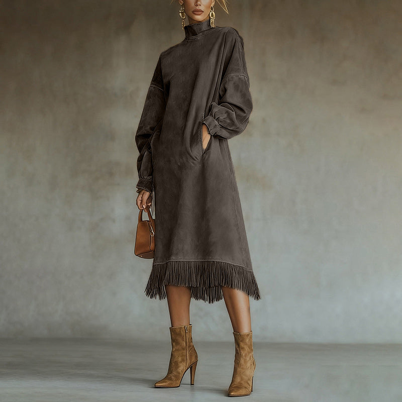 Women's High-Neck Faux Suede Dress with Fringe Hem