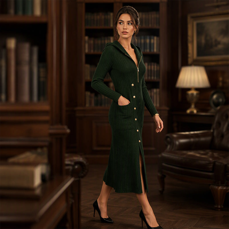 Women's Casual Ribbed Knit Hooded Maxi Dress