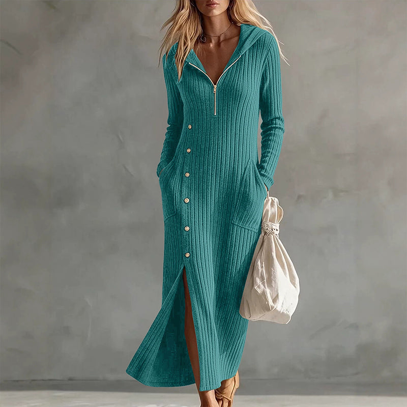 Women's Casual Ribbed Knit Hooded Maxi Dress