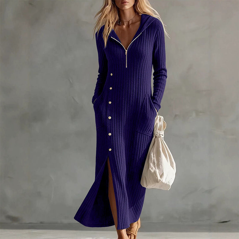 Women's Casual Ribbed Knit Hooded Maxi Dress