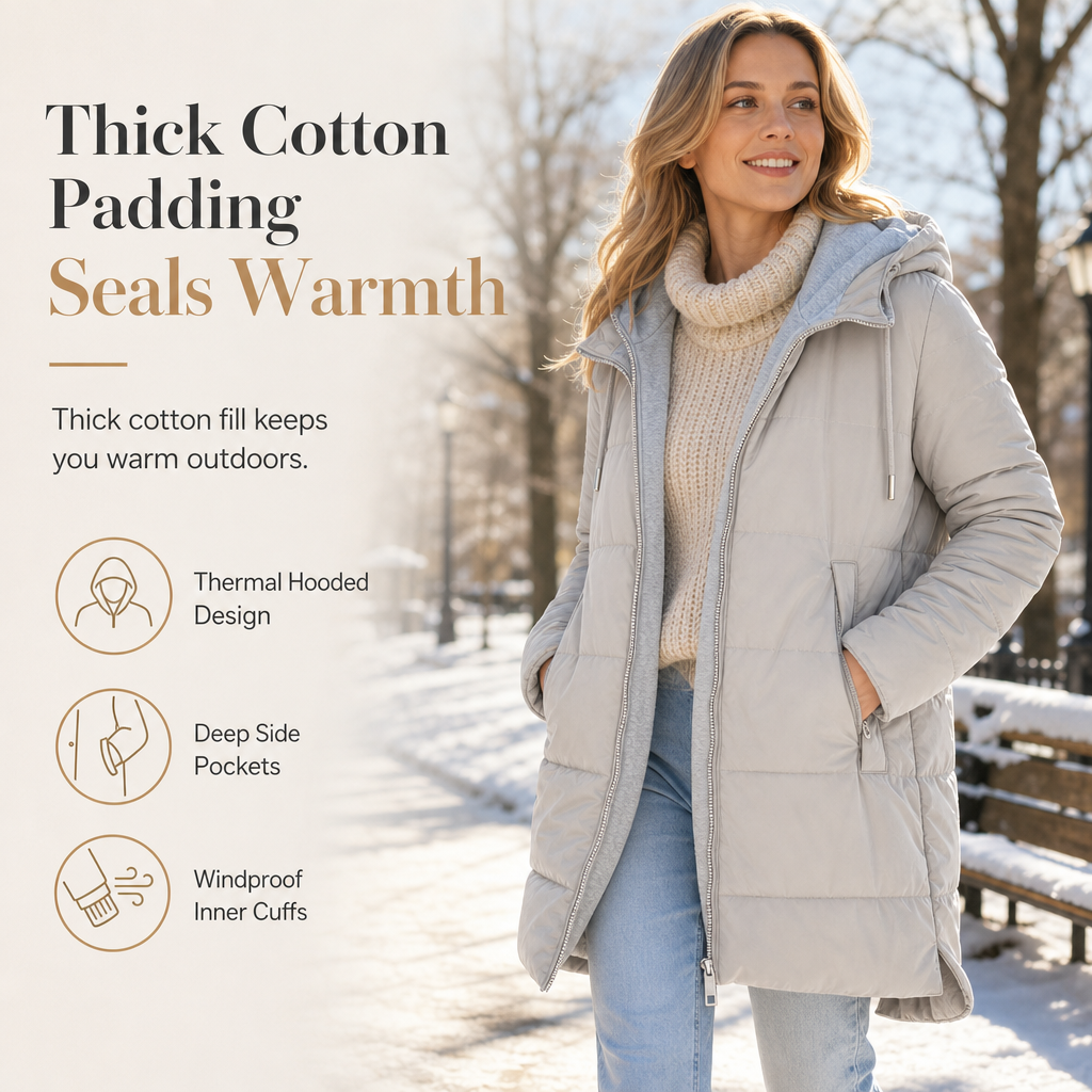 Slim Fit Long Hooded Padded Coat Solid Color Winter with Pockets