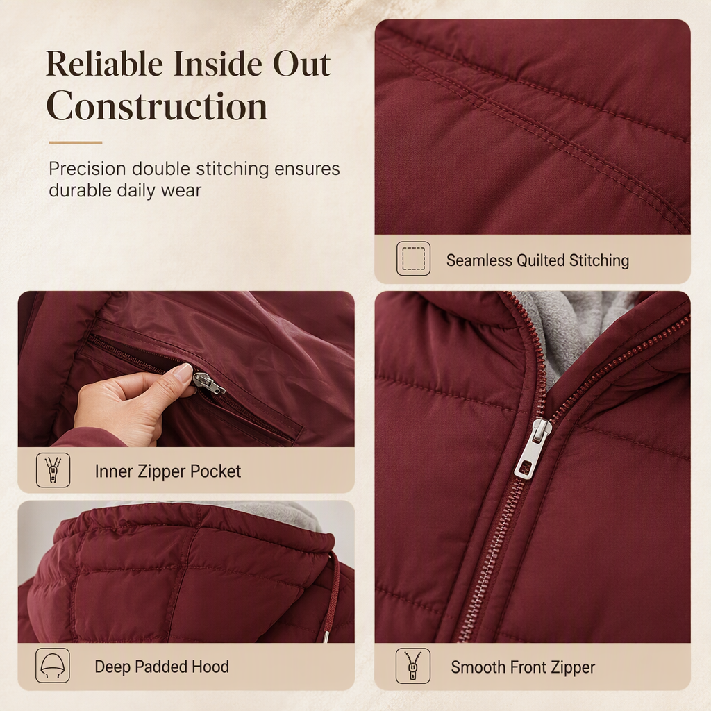 Slim Fit Long Hooded Padded Coat Solid Color Winter with Pockets