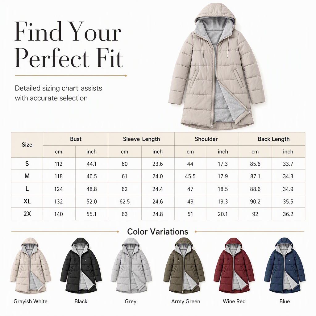 Slim Fit Long Hooded Padded Coat Solid Color Winter with Pockets
