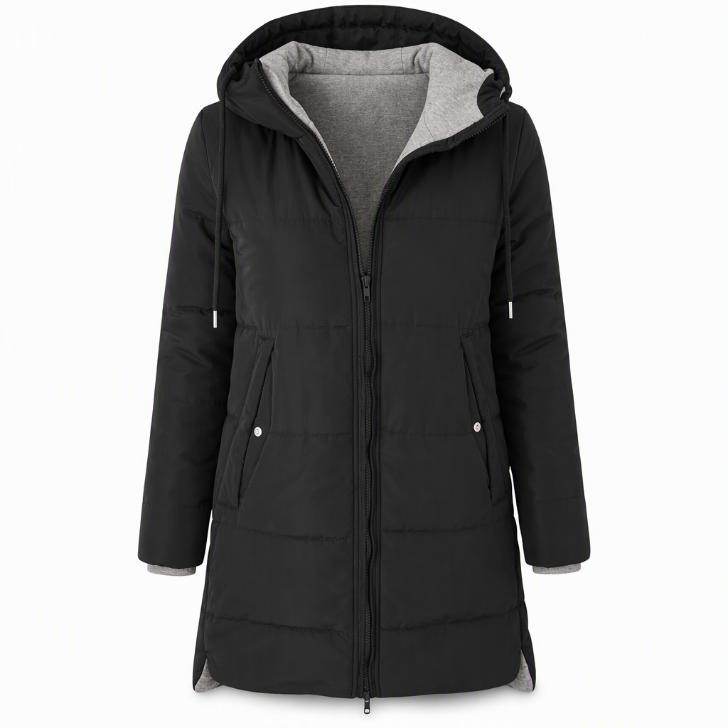 Slim Fit Long Hooded Padded Coat Solid Color Winter with Pockets