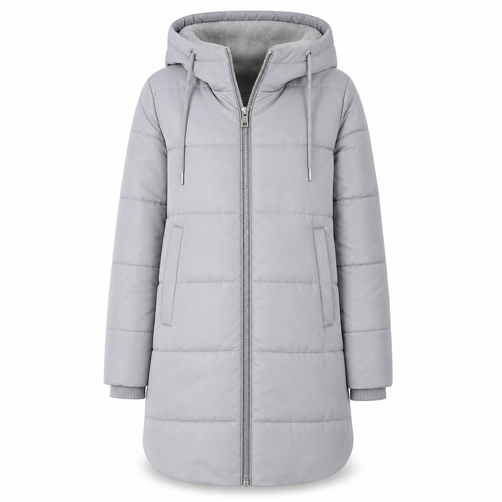 Slim Fit Long Hooded Padded Coat Solid Color Winter with Pockets