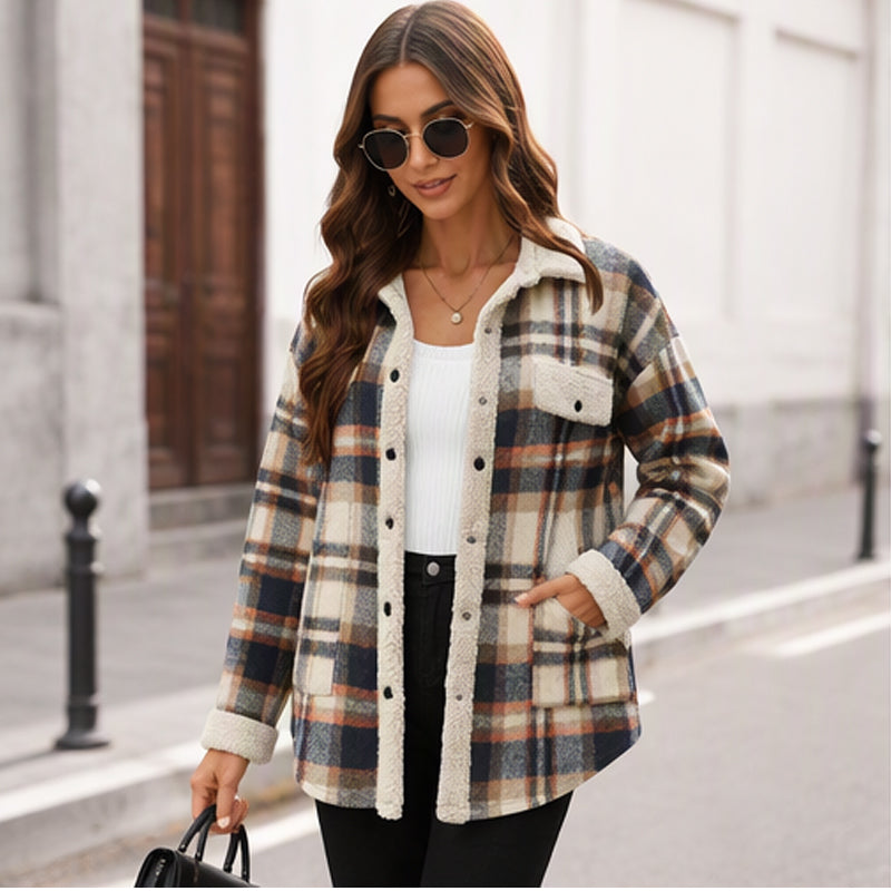 ✨ Women's Casual Outerwear with Color-Blocked Plaid Pattern