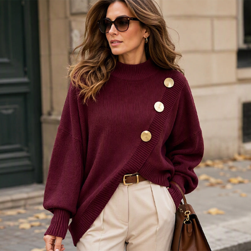 Women's Asymmetric Hem Mock Neck Knit Sweater