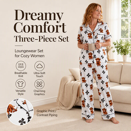 Make Bedtime a Little More Adorable — Women's Highland Cow Print 3-Piece Pajama Set with Charming Country-Inspired Style for Relaxing Nights and Cozy Days at Home