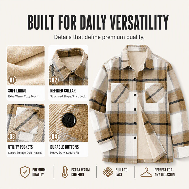 Men’s Heavyweight Brushed Flannel Plaid Overshirt Jacket – Soft Lined, Functional Pockets For Cool Weather Days