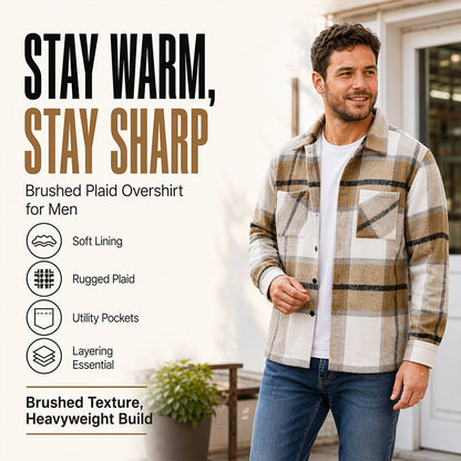 Men’s Heavyweight Brushed Flannel Plaid Overshirt Jacket – Soft Lined, Functional Pockets For Cool Weather Days