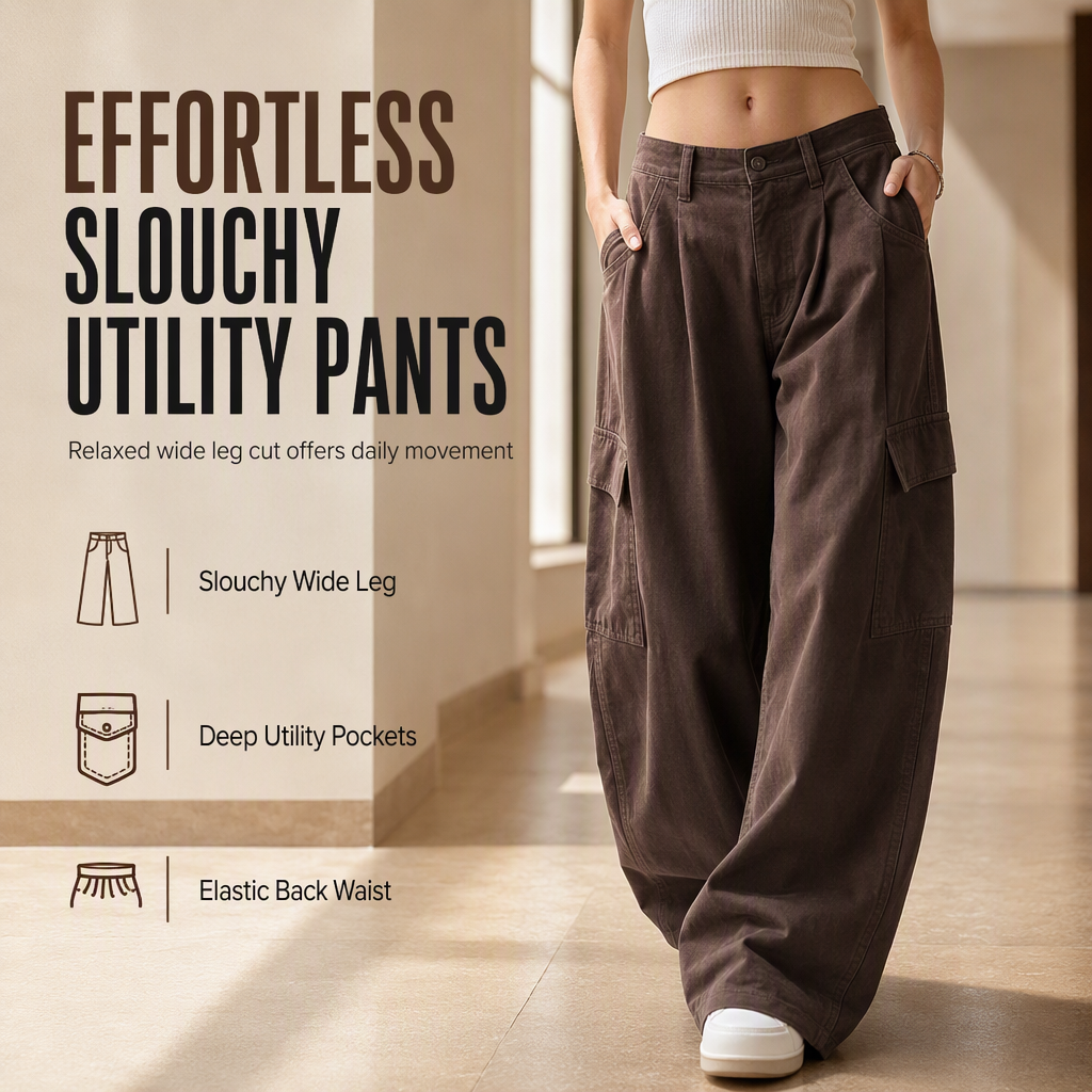 Women's High Waisted Wide Leg Baggy Cargo Pants with Utility Pockets Loose Fit Cotton Blend Trousers