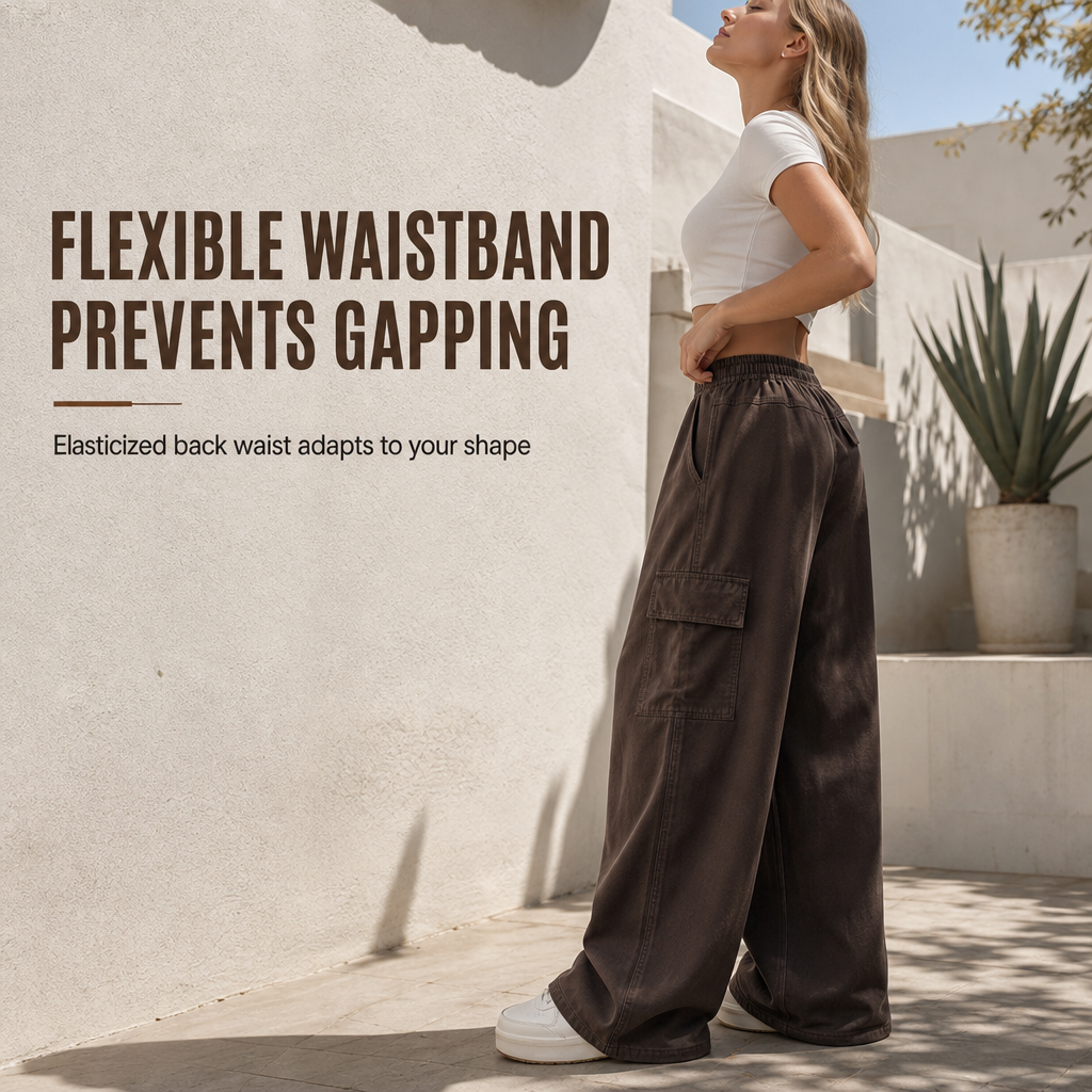 Women's High Waisted Wide Leg Baggy Cargo Pants with Utility Pockets Loose Fit Cotton Blend Trousers
