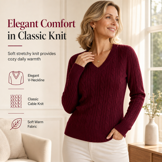 A Beautifully Textured V-Neck Cable-Knit Sweater That Brings Soft Warmth and a Touch of Classic Elegance to Your Everyday Wardrobe