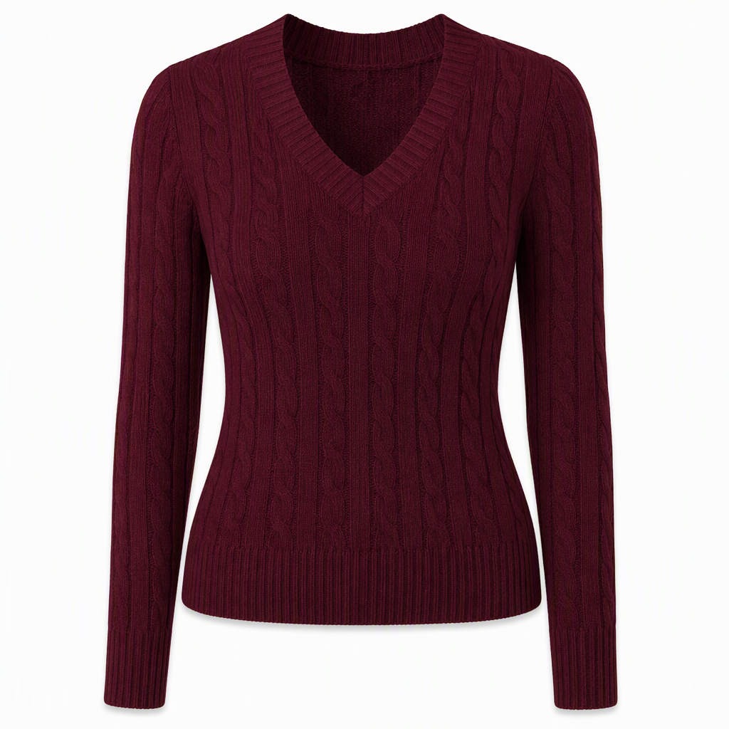 Women's V-Neck Cable Knit Sweater Long Sleeve Soft Warm Knitted Pullover